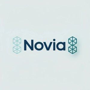 Minimalist logo design for tech startup. 'NOVIA' in sleek sans-serif font. Emblem featuring abstract geometric shapes. Light pastel background.