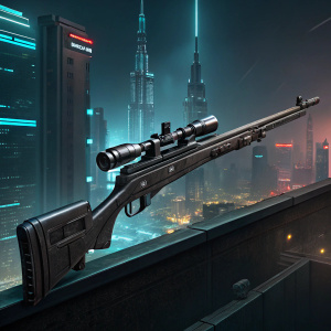 High-tech rifle from the Captain Harlock series, featuring sleek dark finish and intricate design details. Depicted on a cybernetic cityscape background, digital art