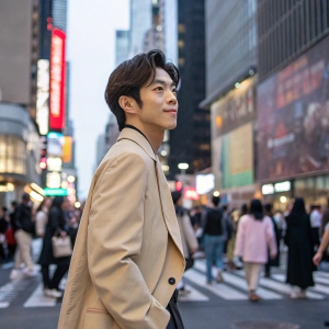 Lee Hyun-Woo, wearing a trendy beige jacket, standing in a bustling city street. Crowds of people walking by, dynamic urban backdrop