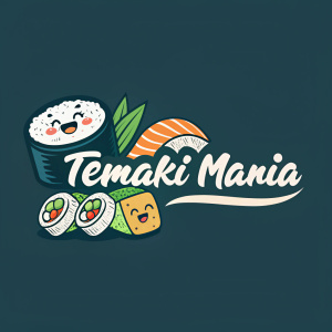 Temaki Mania's logo, a hip sushi joint. It features playful sushi graphics and sleek fonts.