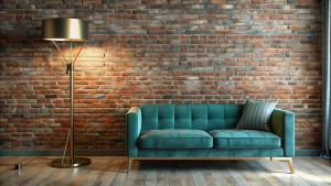 Exposed brick wall adds texture behind a teal velvet sofa and brass floor lamp
