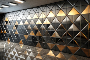 Polished, Semigloss Wall background with tiles. Triangular, tile Wallpaper with 3D, Black blocks. 3D Render