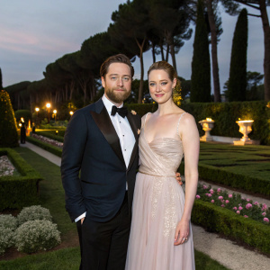 Richard Rankin and Cara Theobold at an outdoor gala. Formal attire, elegant backdrop.