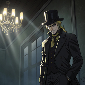 Dio Brando, antagonist from JoJo's Bizarre Adventure. Dressed in black suit and top hat. Dark room with chandelier