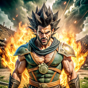 A masterfully crafted 3D render illustration of Vegetta, the god of war, in a dark fantasy universe. Goku is depicted with an intense, focused expression, sporting dark armor and an armored attire. The letters "KARMA" stand boldly in the center of his chest. The background is a stunning, cinematic depiction of a hauntingly beautiful battlefield, where shadows and light dance across the landscape. The atmosphere is intense, a blend of mystical and ominous elements. Explosions and fire surround Go