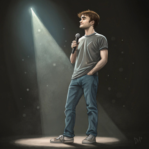 Daniel Radcliffe, wearing casual t-shirt and jeans, standing on a stage. Dark stage background, spotlight