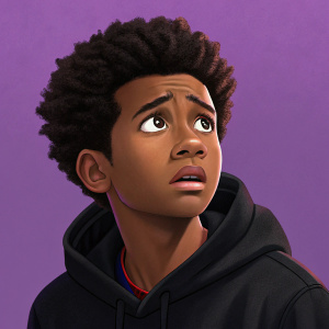 Illustration of Miles Morales from Spider-Verse. Worried face, close-up, curly afro, wearing a black hoodie. Purple background