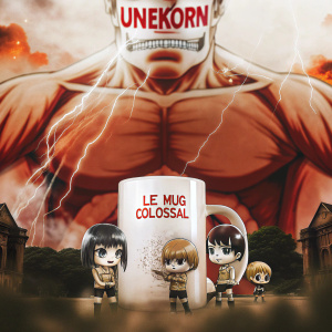Illustration for 'Unekorn' anime series featuring large, muscular character with red skin in aggressive pose. 'Le Mug Colossal' mug at center with cartoon characters. Fiery backdrop with lightning bolts and crumbling structure. Dramatic and intense theme.