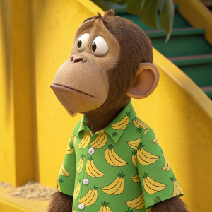 Still image from animated film featuring a cartoon monkey. The monkey, with brown fur and a large nose, wears a bright green shirt with a yellow banana print. Standing in a yellow environment, the monkey appears contemplative and slightly downcast.