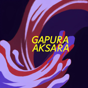 Gapura Aksara logo design. Features a dynamic, flowing abstract shape in bold red color. The text 'Gapura Aksara' is displayed in a sleek, modern font style, matching the vibrant red theme. Central focal point is an abstract, organic form.