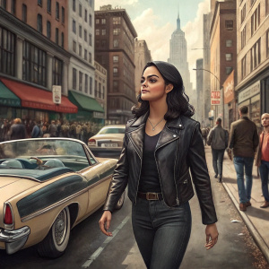 Camila Mendes, in a black leather jacket and dark jeans, walks down a busy city street. A vintage convertible is parked nearby