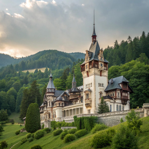 A photograph showcasing the grandeur of Peles Castle. Surrounded by dense forest and rolling hills, the castle's white facade contrasts against the lush green backdrop. Its intricate woodwork and steeply pitched roof stand out.