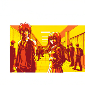 Digital illustration of Taiga Aisaka and Ryuji Takasu from Toradora. Bright colorful school hallway background, filled with anime-style students