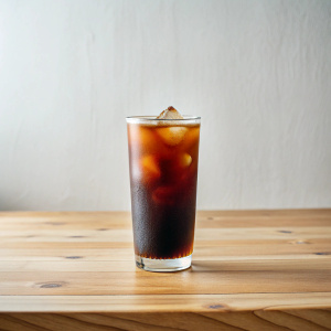 ice americano on the table a blank matte white background, wood plating, negative space, selective focus, epic lighting, Sigma 35mm f/1.4 lens, photograph