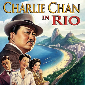 Poster for the film 'Charlie Chan in Rio'. Featuring Charlie Chan and a group of actors. Traditional movie poster style.