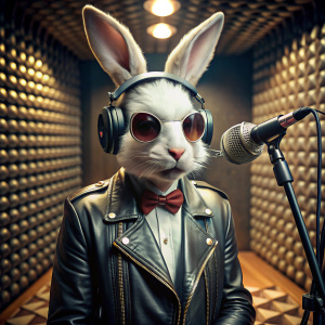 Hacker white rabbit in a leather jacket with rivets and sunglasses in a recording studio with a microphone