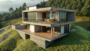 Casa construida en la ladera de un lomada verde con pendiente elevada. La casa debe estar situada en la mitad de la ladera. En planta baja ubicar 3 dormitorios y en planta ubicar el living, comedor, cocina y oficina. El conceto global debe consistir niveles en voladizos conde se desarrollen balcones y galerias. la fachada debe convinar piedra, hormigon y vidrio. con deck. Living comedor sobre fachada principal 