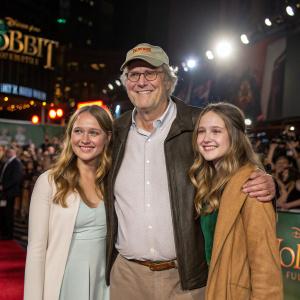 Chevy Chase, Jayni Luke, and Caley Leigh Chase posing at a book launch event for 'The Hobbit'. Brightly lit stage backdrop with enthusiastic crowd in background.