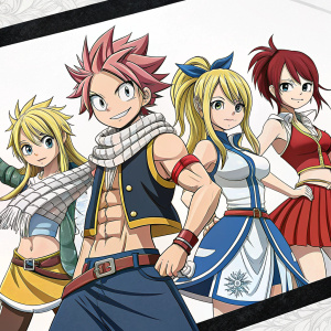 Digital artwork showcasing main characters from Fairy Tail. The artwork features Lucy Heartfilia, Natsu Dragneel, Gray Fullbuster, Erza Scarlet, and Wendy Marvell. Each character is positioned in unique dynamic poses. The colorful illustrations are set against a white background with black borders.
