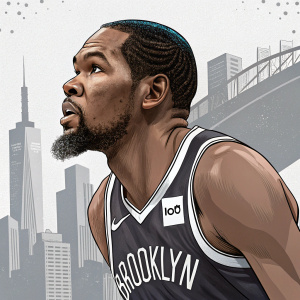 Digital illustration of Kevin Durant. Brooklyn Nets player. Urban landscape background. Grey and white tones. Dynamic athletic pose. Close-up on face. Architectural elements. Graphic design style