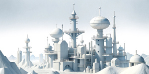 White illustration, Wes Anderson aesthetics style, 
surreal collage of many complex metal steely architectures with lighthouse, the bigest ocean and more huge sky, gain paper