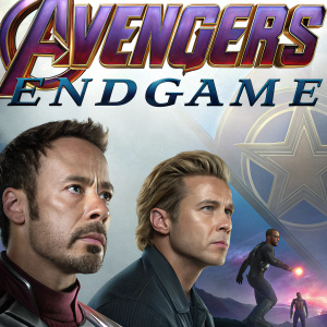 Promotional poster for 'Avengers: Endgame'. Stylized text and iconic Marvel logo with actor headshots.