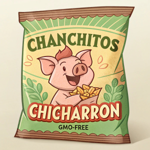 Chanchitos Chicharron, a bag of crunchy snacks, featuring a cartoon pig with a cheerful smile. The design is in a comic style with a green and brown color scheme, and prominently displays the GMO-free logo.