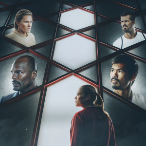 Illustration featuring a diverse array of athletes: Manny Pacquiao, Michael Jordan, Ronda Rousey, David Beckham, and Novak Djokovic. Geometric shapes, muted colors, dark backdrop. Athletes' faces and poses highlighted.
