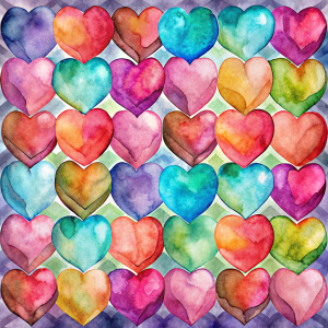  Create images of watercolor hearts in various colors and shades. The hearts should be arranged in a grid-like pattern. The background should be transparent. The image should be 1000x1000 pixels in size.
