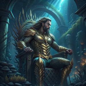 Jason Momoa, as Aquaman, flexing muscles in underwater throne room scene. Golden bodysuit shimmering in dim blue lights.