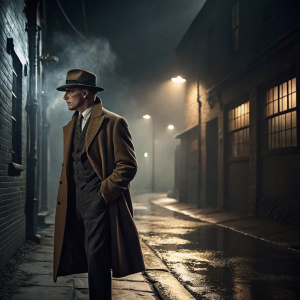 John Shelby from Peaky Blinders, dressed in a stylish brown overcoat and fedora hat, standing in a foggy alley. Dark, gritty atmosphere. Vintage film noir style