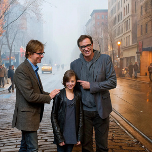Dana Carvey and Bob Saget posing with a young girl at a press conference. The backdrop is a busy city street with people walking by.