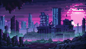 background depicture of distant ruined cyberpunk city postapocaliptic panorama night