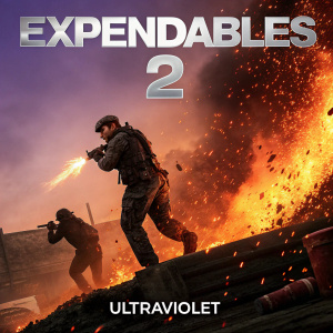 DVD cover for Expendables 2 featuring intense action scene with fiery explosion. Dark and fiery orange hues. Digital Copy, Ultraviolet, and distribution company logos visible