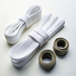 White sports laces, black wristbands, lie together, white background