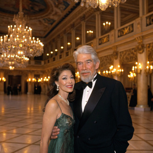 James Coburn and Beverly Kelly at an elegant gala. Lavish ballroom setting with chandeliers.