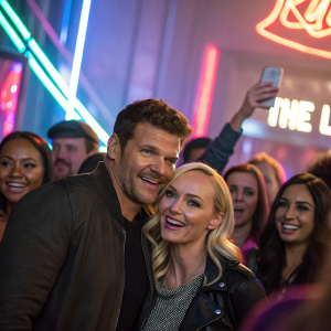 David Boreanaz and Jaime Bergman at a bustling after-party. They are posing with a group of fans. Neon lights and crowd in the background.