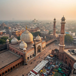Aerial view of Jama Masjid, an iconic mosque in Old Delhi. The mosque features numerous domes and intricate minarets, set against a bustling cityscape.