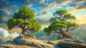 
gnarled pine trees on the rocks