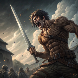 Digital art of a strong, angry soldier from Attack on Titan. Dark, stormy sky background.
