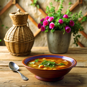 UNA SOPA DE CEBOLLA Y UN FLORETESOBRE UNA MESA DE TABERNA