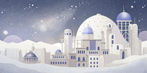 White illustration,  Wes Anderson style, surreal collage of many buildings and a lot of  briges, galaxy ocean, soft lines, grainy paper