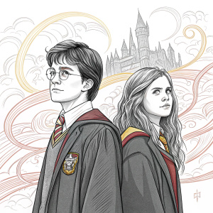 Sketch of Harry Potter and Ginny Weasley in their youth. Detailed line art with intricate clothing and facial features. Background features abstract swirls of color representing the Hogwarts castle.
