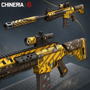 Digital art of advanced weaponry in a cyberpunk theme. Features yellow and brown camo patterns. Displayed with 'CHINERIA' logo. Detailed metal and camouflage textures. Set against a dark, moody background with intricate weapon design.