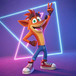 Digital artwork of Crash Bandicoot with a playful grin and raised hand sign. Bright neon background.