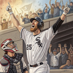 Adam LaRoche celebrating after a home run. Wearing white baseball jersey with number 25. The catcher and cheering crowd in the background.