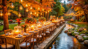 A vibrant rust orange color wedding garden reception under a starry night sky beside a stream full of maple tree. A glass walkway leads to the main area, surrounded by fresh rustic flowers and foliage. The reception features elegant rustic chairs, long wooden log tables with glass vase and floral centerpieces, and a beautiful ice sculpture as the focal point. The soft glow of fairy lights and lanterns adds a romantic touch to the atmosphere, 