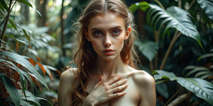 полностью голая, очень сильно худая, молодая, красивая девушка модельной внешности.  18 лет. фото во весь рост. маленькая грудь первого размера. детское лицо. стоит в джунглях. стеснительно прикрывает грудь рукой. испуг в глазах. скованность в теле. фото сделано на камеру sony a6300, объектив sigma 16mm f2.8.