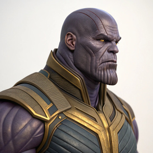 Digital artwork of Thanos from Avengers: Endgame. Detailed 3D model showing muscular build and intense facial features. Set against a plain background.