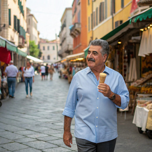 Amir Peretz, with a charming mustache, strolling through a bustling Italian street market. He's holding a cone of gelato, dressed in a light blue shirt.